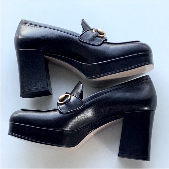 Gucci Houdan Black Leather Gold Horsebit Platform Slip On Loafers S 39 1/2 - Picture 8 of 12